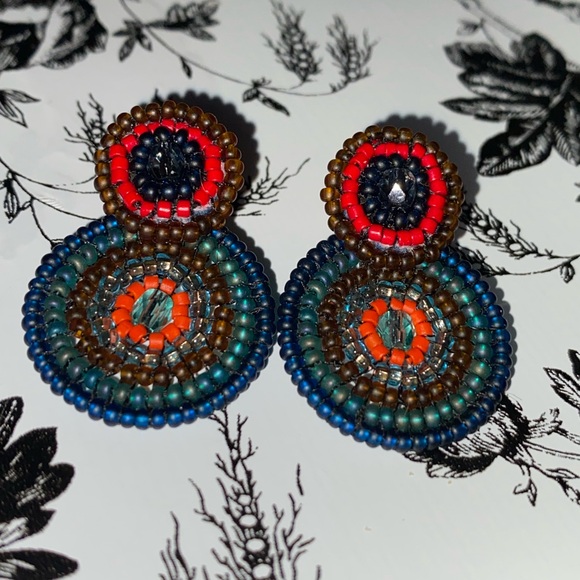 * hand Beaded double circular stud Earrings multi earth tone colors 1” long - Picture 2 of 6